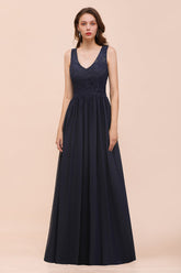 Affordable Lace V-Neck Navy Bridesmaid Dress with Open Back-27dress